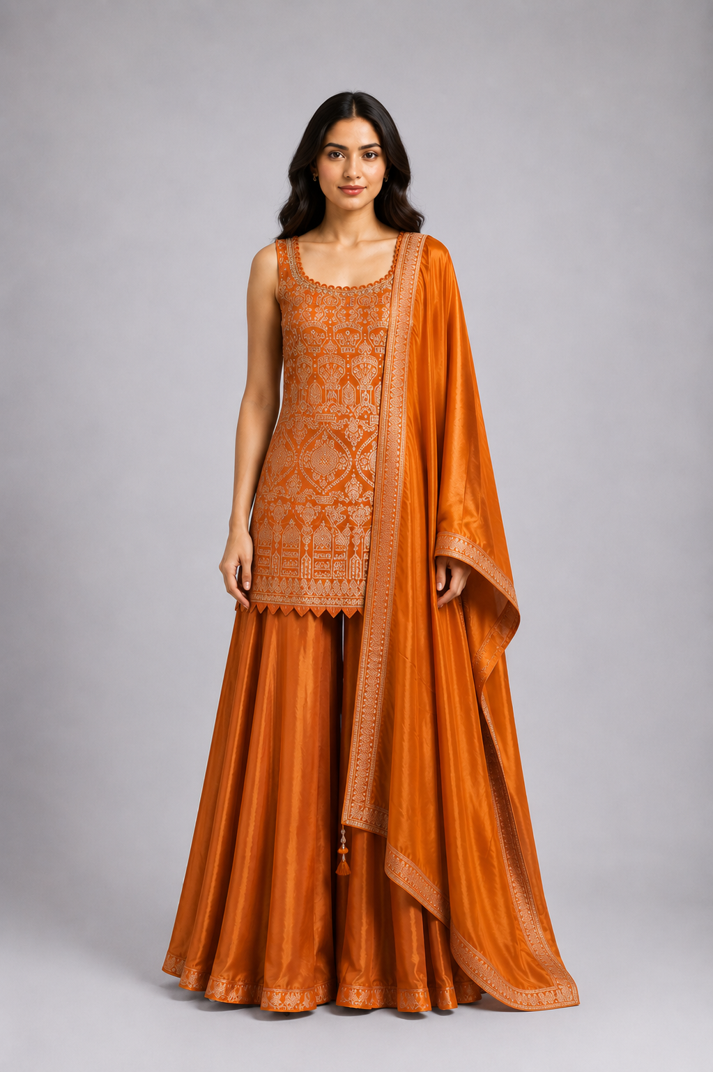 Orange Embroidered Sharara Suit Set with Dupatta